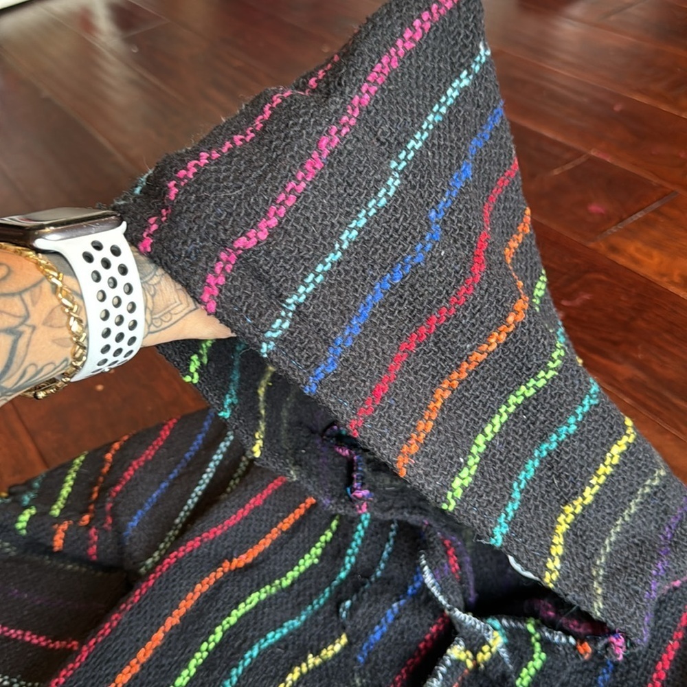 La Malinche rainbow and black striped hoodie drawstring hood pouch front bright - Picture 8 of 10